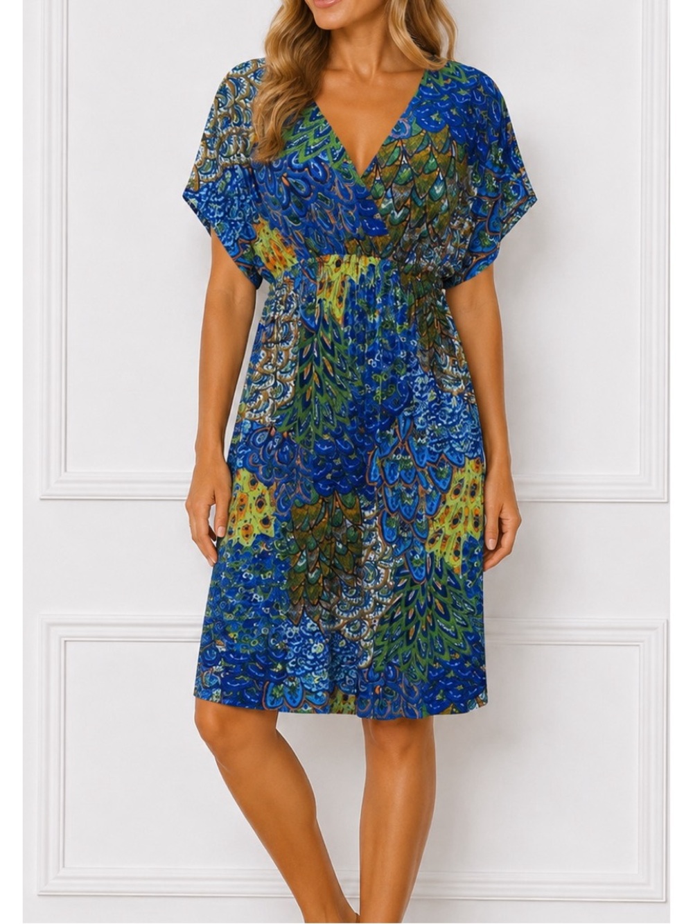 5th & Love short sleeve V-neck dress featuring a vibrant blue and green paisley